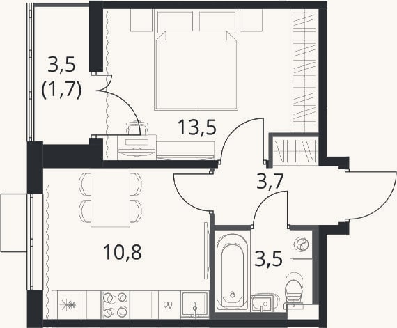 Планировка: 1-к, 31,5 м²