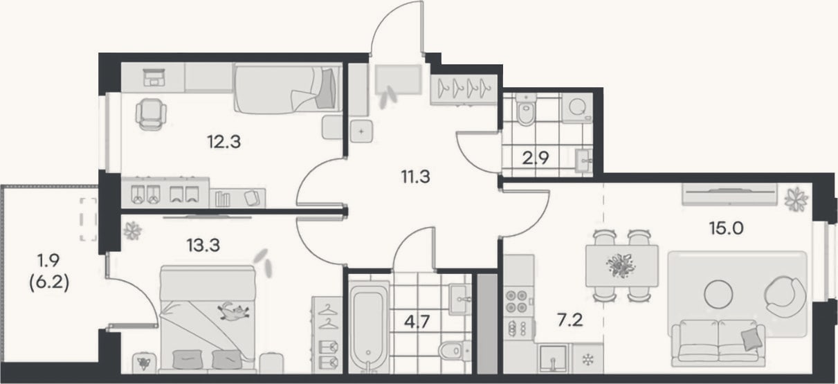Планировка: 3-к, 66,7 м²