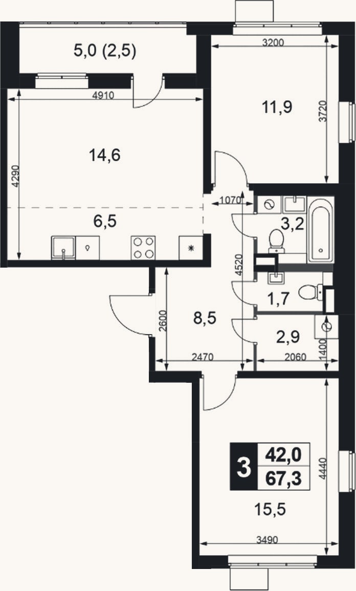 Планировка: 3-к, 64,8 м²