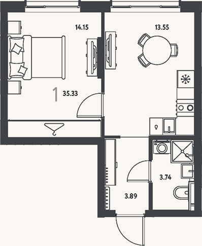 Планировка: 1-к, 35,3 м²