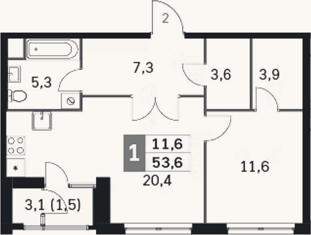 Планировка: 2-к, 50,1 м²