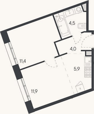 Планировка: 2-к, 37,7 м²