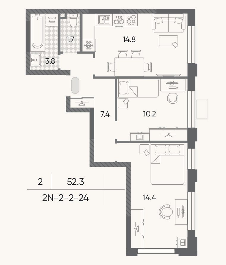 Планировка: 2-к, 52,3 м²
