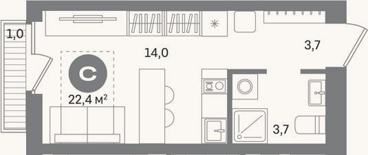 Планировка: Студия, 21,4 м²