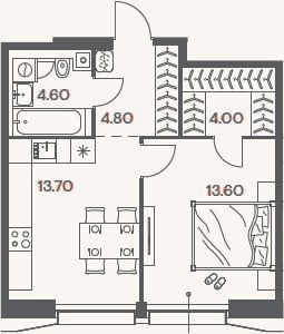 Планировка: 1-к, 40,7 м²