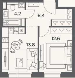 Планировка: 1-к, 39 м²