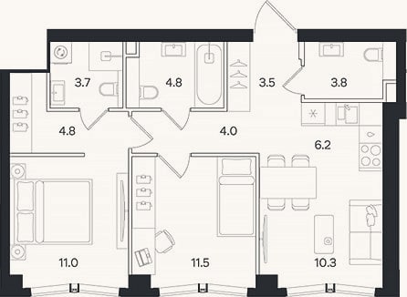 Планировка: 3-к, 63,6 м²