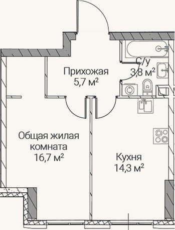 Планировка: 1-к, 40,5 м²