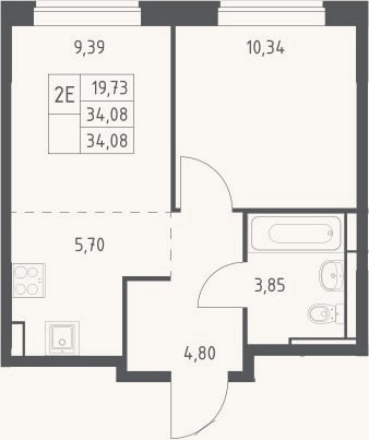 Планировка: 2-к, 34,1 м²