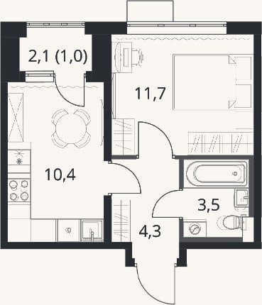 Планировка: 1-к, 29,9 м²