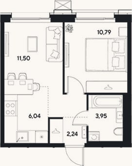 Планировка: 2-к, 34,5 м²