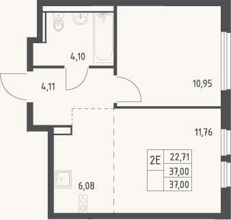 Планировка: 2-к, 37 м²