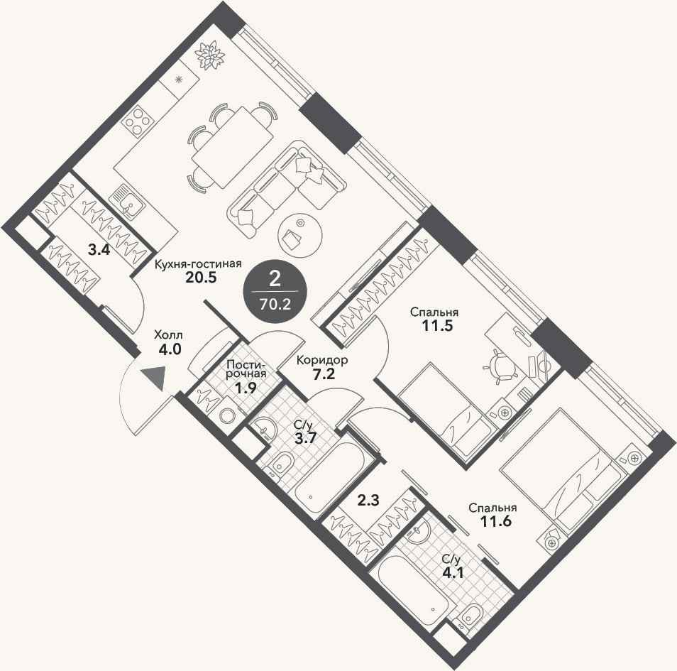 Планировка: 3-к, 70,2 м²