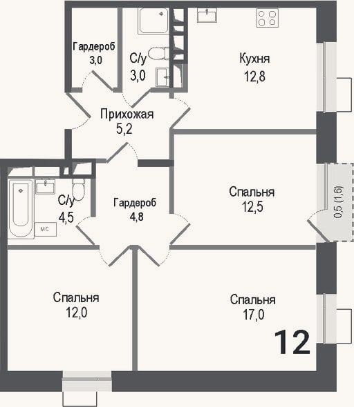 Планировка: 3-к, 74,8 м²