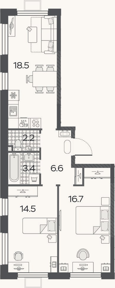 Планировка: 3-к, 61,9 м²