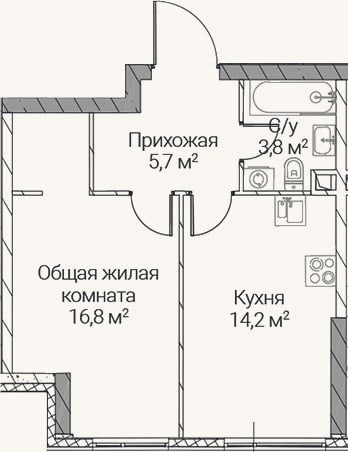 Планировка: 1-к, 40,5 м²