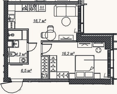 Планировка: 2-к, 43,6 м²