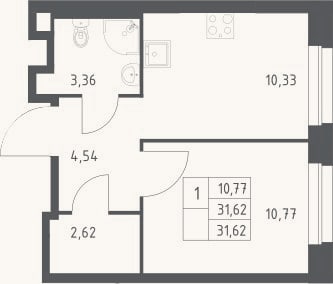 Планировка: 1-к, 31,6 м²