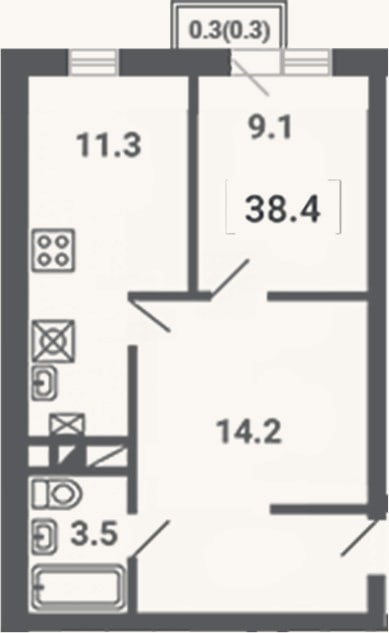 Планировка: 1-к, 38,1 м²