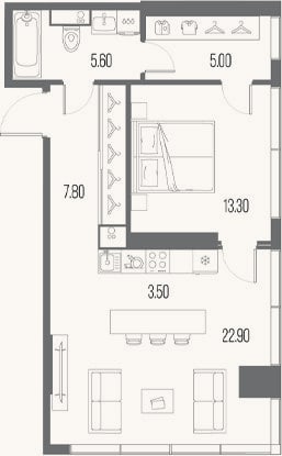 Планировка: 1-к, 58,1 м²