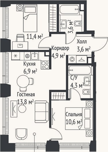 Планировка: 3-к, 59 м²