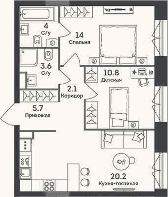 Планировка: 3-к, 60,4 м²
