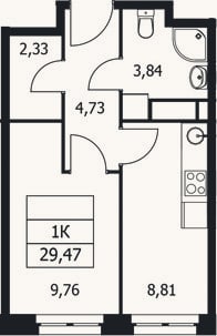 Планировка: 1-к, 29,5 м²
