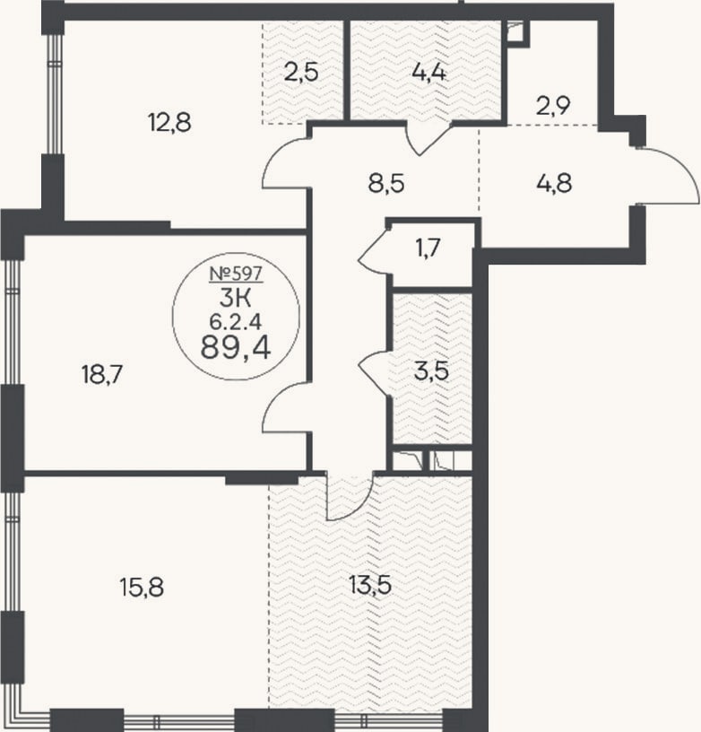 Планировка: 3-к, 89,4 м²