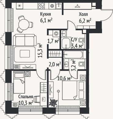 Планировка: 3-к, 58,8 м²