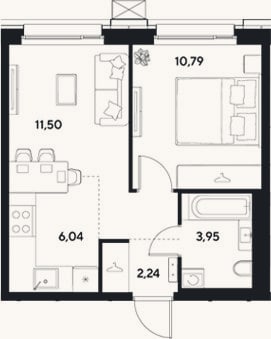 Планировка: 2-к, 34,5 м²