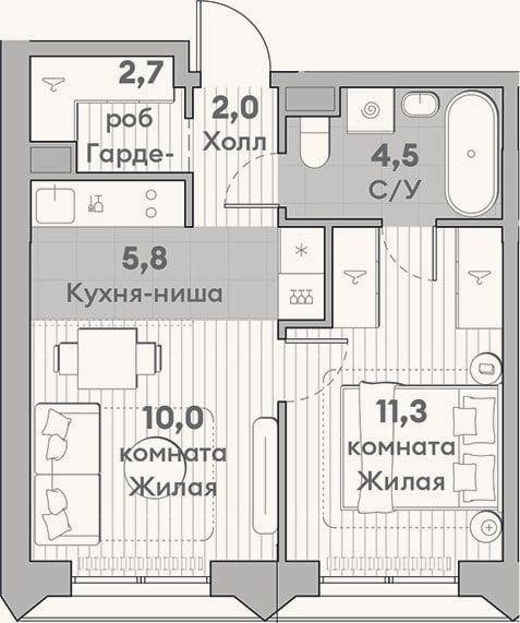 Планировка: 2-к, 36,3 м²