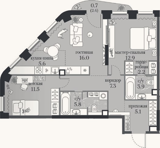 Планировка: 2-к, 70,3 м²