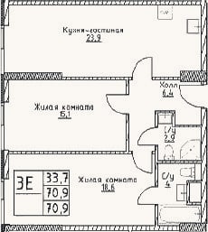 Планировка: 3-к, 70,9 м²