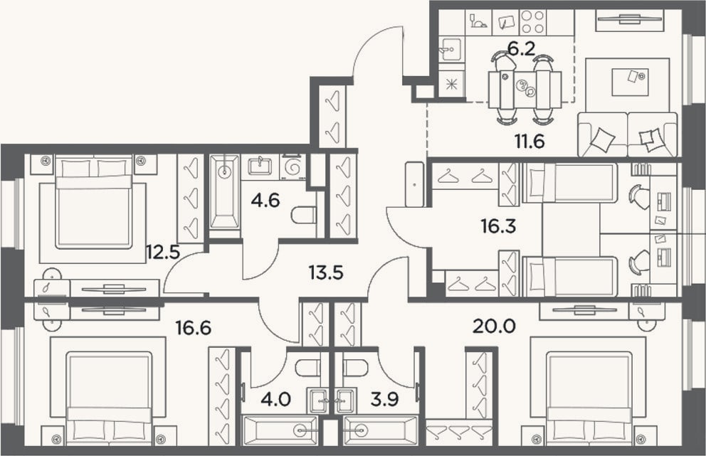 Планировка: 4+ к, 109,2 м²