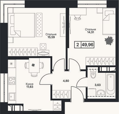 Планировка: 2-к, 50 м²