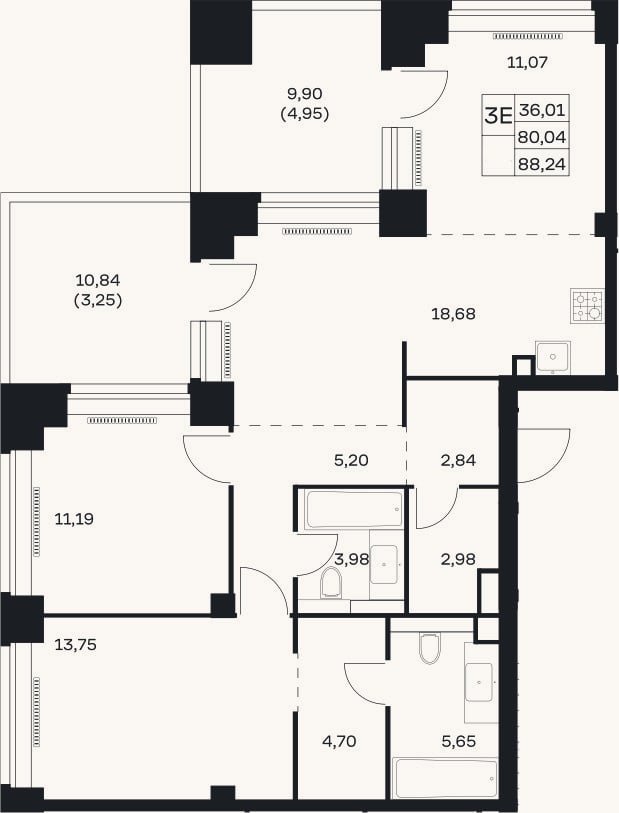 Планировка: 3-к, 80 м²