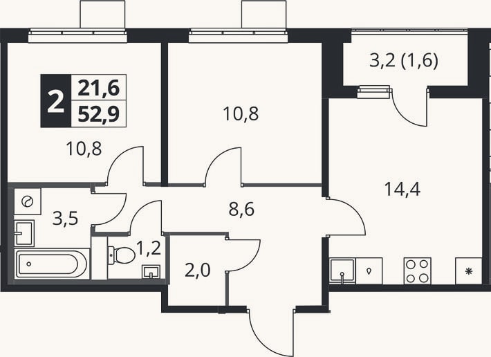 Планировка: 2-к, 51,3 м²