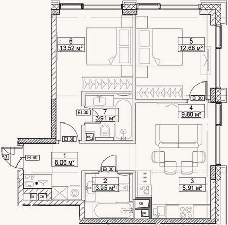 Планировка: 3-к, 57,8 м²