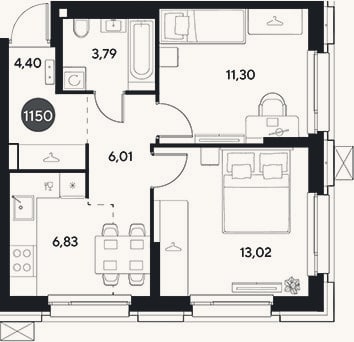 Планировка: 2-к, 45,4 м²
