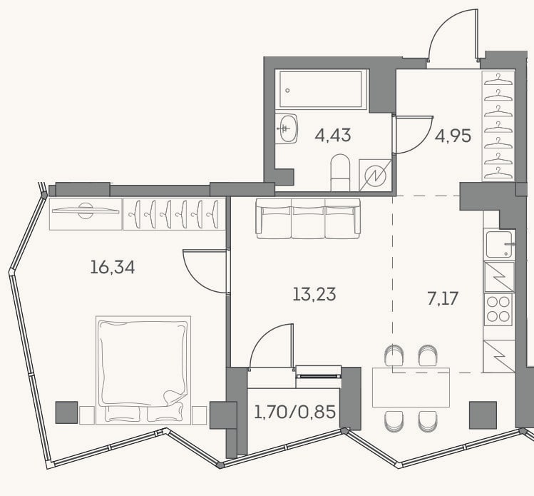 Планировка: 2-к, 46,1 м²