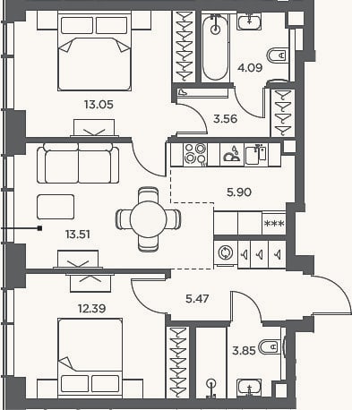 Планировка: 3-к, 61,8 м²