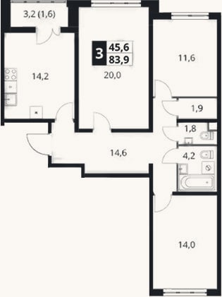Планировка: 3-к, 81,2 м²