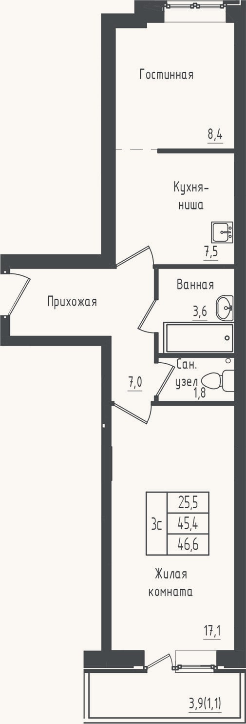 Планировка: 1-к, 45,4 м²