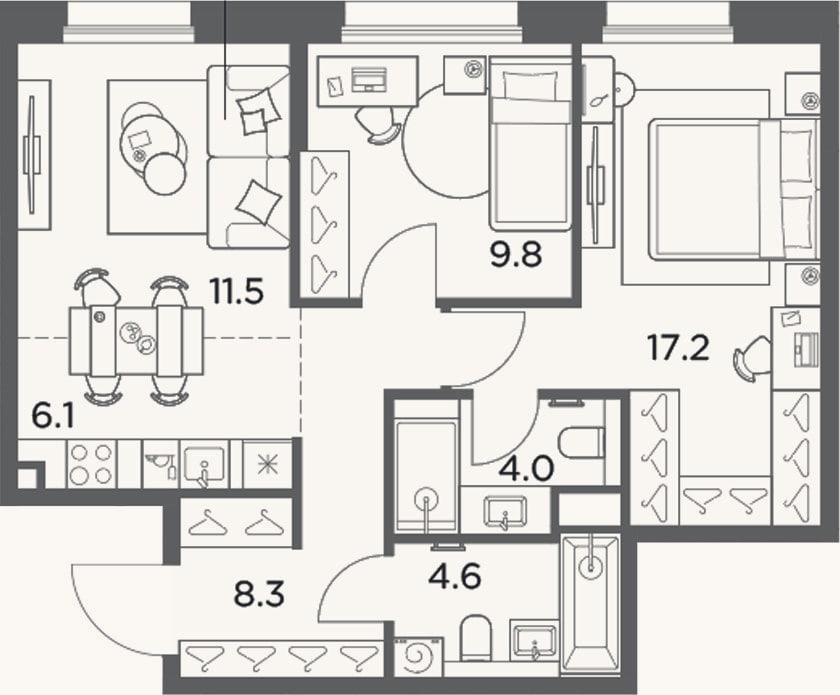 Планировка: 3-к, 61,5 м²