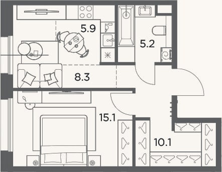 Планировка: 2-к, 44,6 м²
