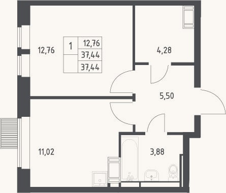 Планировка: 1-к, 37,4 м²