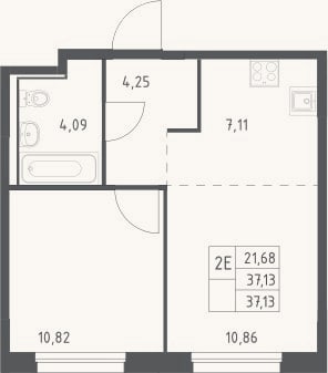 Планировка: 2-к, 37,1 м²