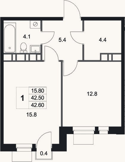 Планировка: 1-к, 42,5 м²