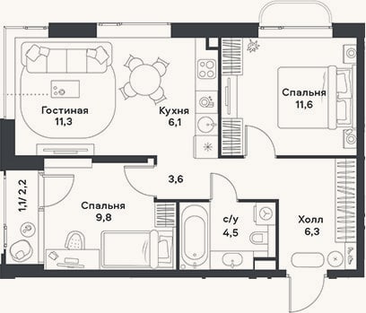 Планировка: 3-к, 53,2 м²