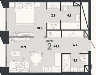 Планировка: 2-к, 41,8 м²